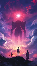 Sunset stand‑off with a celestial mech and three kids.