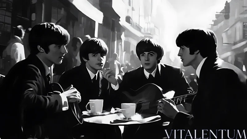 Monochrome street caf&eacute; quartet with guitars and coffee.
