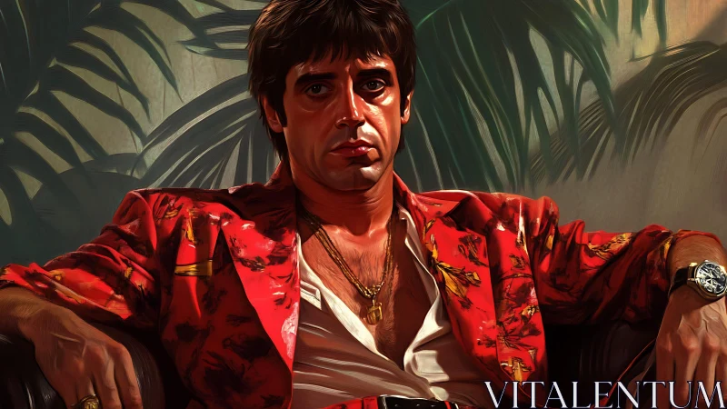 Intense man in red patterned jacket against plants.