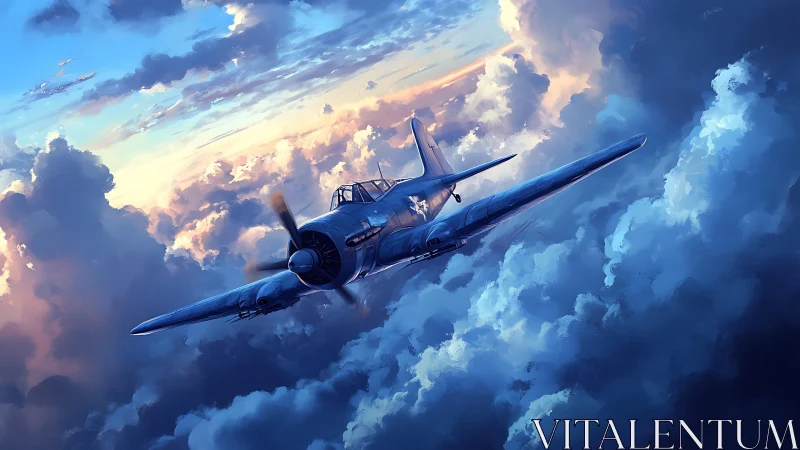 Single propeller warplane moves through dense cloud formations