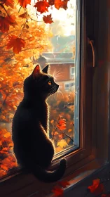 Black Cat's Autumn Vigil by the Golden Window.