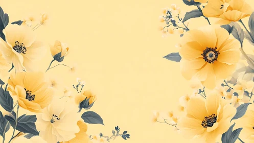 Yellow floral composition with botanical elements arranged on pale background