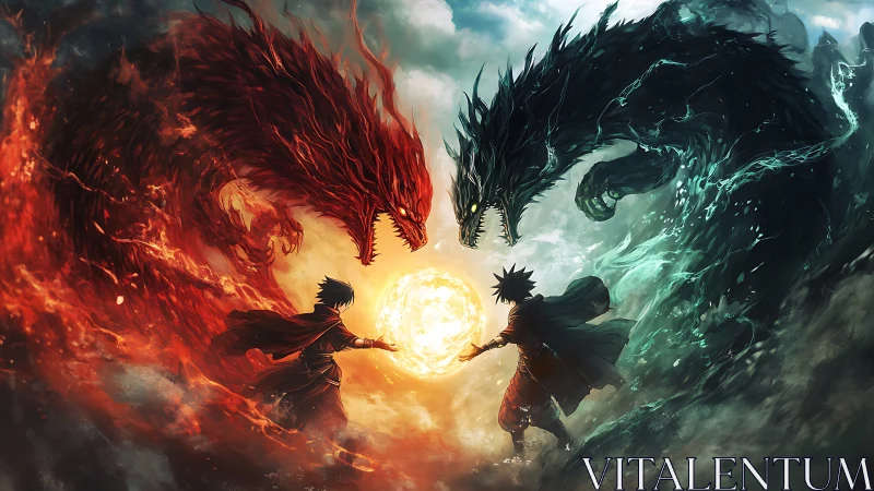 Opposed sorcerers with elemental dragon forms in conflict.