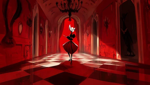 Elegant silhouette commands a crimson palace corridor