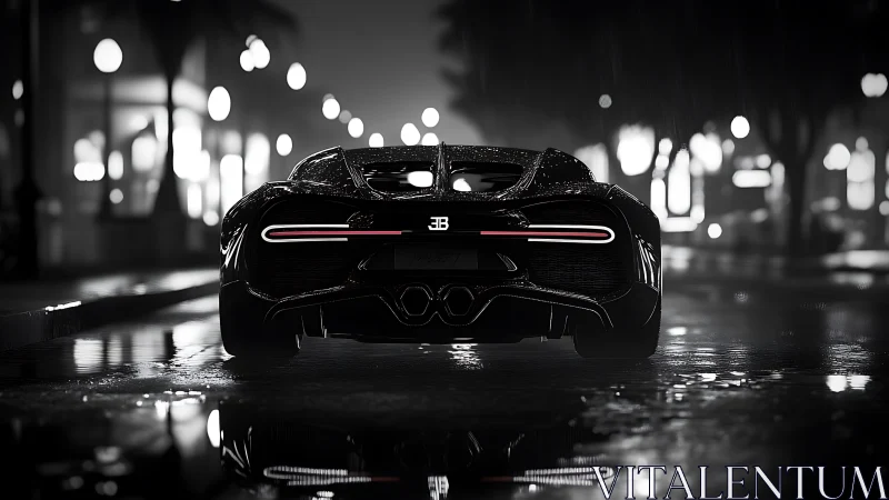 Midnight hypercar rear view on rain-slick neon boulevard.