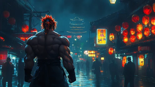 Muscle-bound wanderer stalks neon alleys in stormlit Chinatown