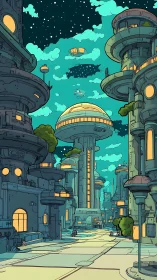 Futuristic street scene with rounded high-rise towers.