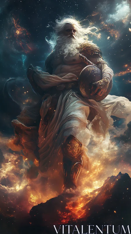 Mythic armored figure standing amid cosmic clouds.