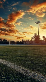Sunset floodlit sports field rendered with dramatic depth of field
