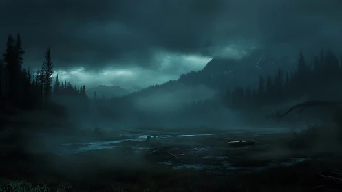 Foggy mountain valley landscape sits under heavy storm clouds