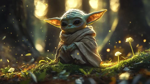 Gentle forest glow around a wide eyed alien child at rest.