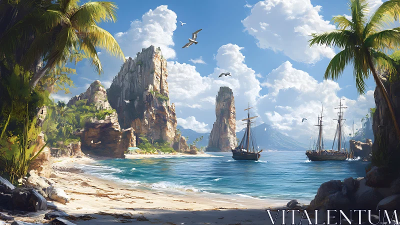 Coastal Fantasy Seascape with Towering Rock Formations and Tallship Vessels
