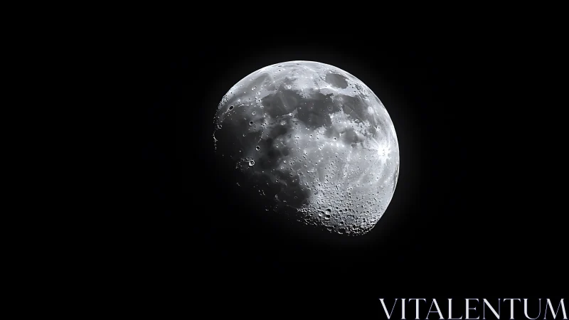 Glowing half moon hangs in deep black sky with quiet clarity