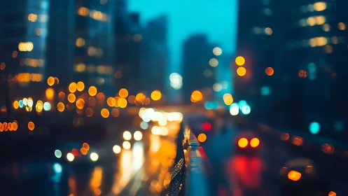 Defocused urban roadway at night with blurred traffic lights.