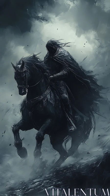Stormborn shadow rider charging through spectral fog.