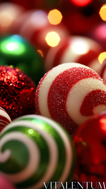 Striped Christmas ornaments glow amid soft festive bokeh
