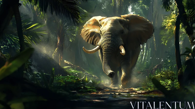 Elephant moving through dense tropical forest environment.