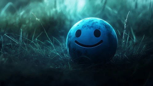 Smiling sphere resting in dewy, cyan-tinted twilight grass.