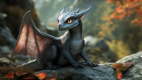 Young blue dragon resting on rock in autumn forest.