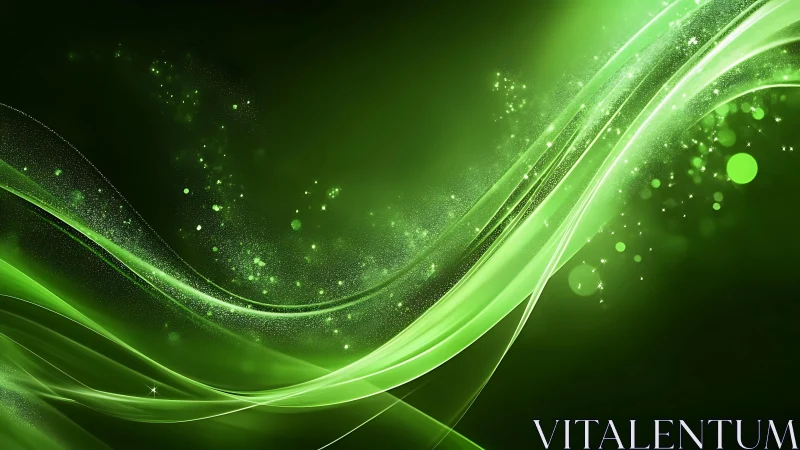 Vibrant green abstract waves with glowing particles digital art.