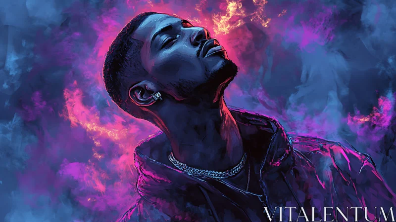 Neon vapor portrait of man in hoodie under magenta blue glow