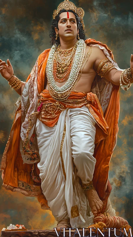 Regal deity in flowing orange robes steps forward with grace