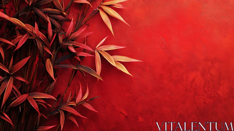 Red bamboo leaves against textured monochrome red wall.