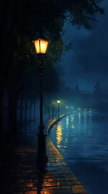 Lanterns ripple warm echoes across a rainlit midnight river.