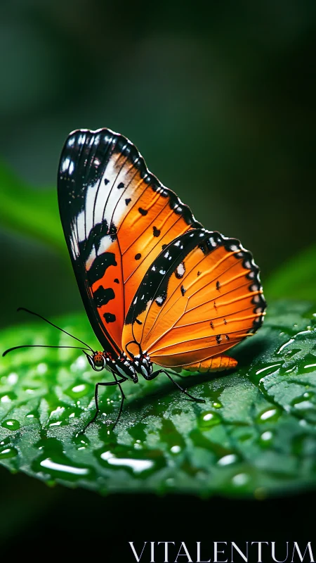 Macro butterfly study on dew‑covered tropical leaf profile.