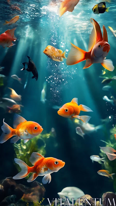 Golden koi shoal illuminated by volumetric underwater light