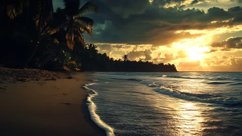 Golden hush along a palm-lined sunset shoreline.