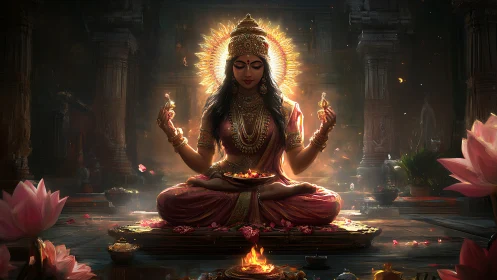 Divine lotus deity in luminous temple environment, high detail.