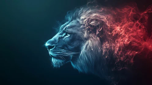 Digital profile rendering of lion head with energy mane.
