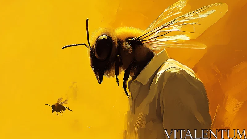 Human figure with bee head stands against uniform yellow field