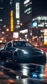 Midnight tuner car under neon rain on wet city streets.