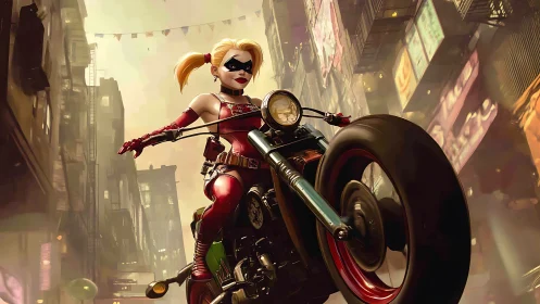 Stylized masked biker girl executing dynamic urban wheelie.