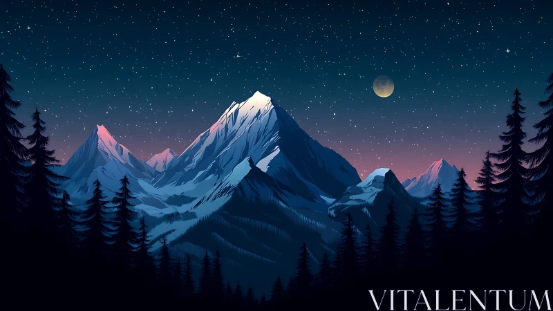 Nocturnal alpine peaks under moonlit gradient sky.