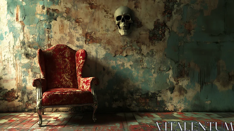 Decayed interior frames ornate red armchair and mounted skull