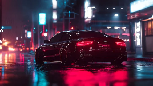 Audi sports coupe in neon-lit wet urban street at night