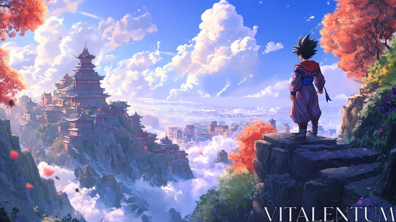 Young wanderer gazing over dreamy mountain temple city.