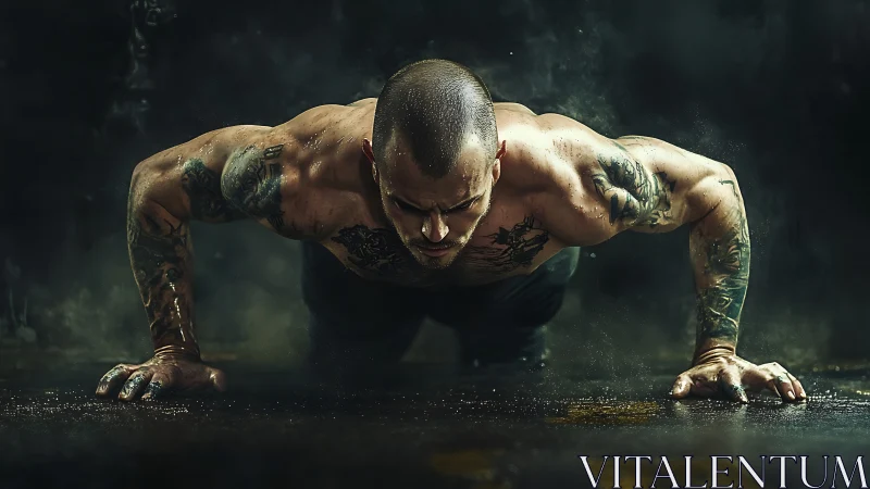 Muscular tattooed man holds low pushup on wet gym floor