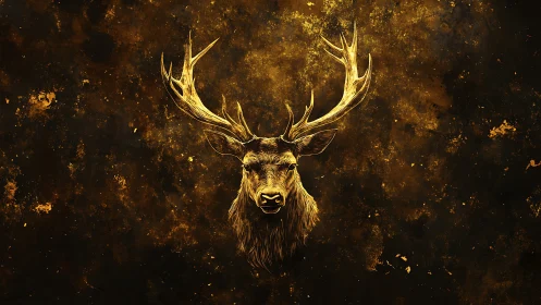 Golden stag head illustration floats on textured dark field