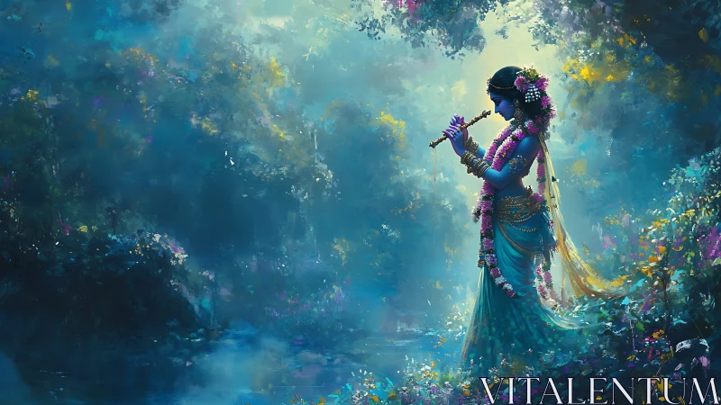 Flute-playing blue figure walks through luminous forest stream.