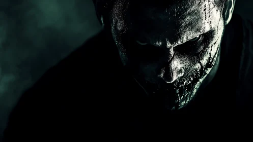 Midnight ghoul leans from darkness with cracked metallic glare