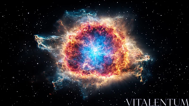 Exploding cosmic nebula glows with electric blue and fiery gold