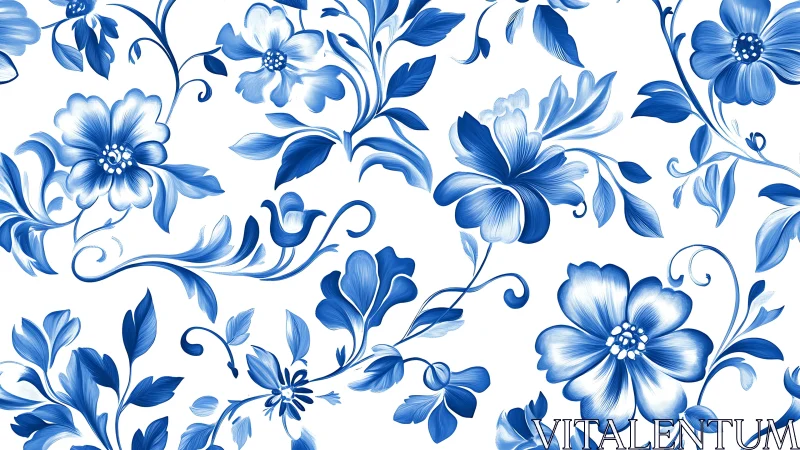 Blue Floral Porcelain Pattern. Delft-Inspired Design.