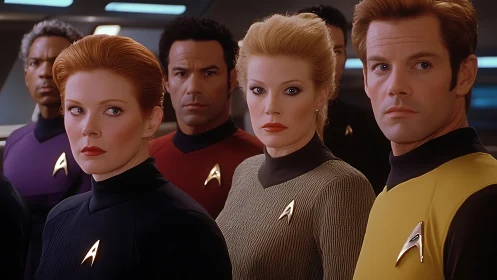 Crew members stand united on a futuristic starship bridge