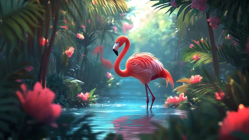 Radiant flamingo stands in dreamy tropical lagoon glow