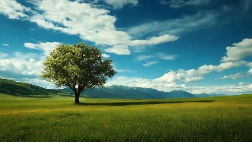 Solitary green tree anchors vast sunlit mountain meadow.