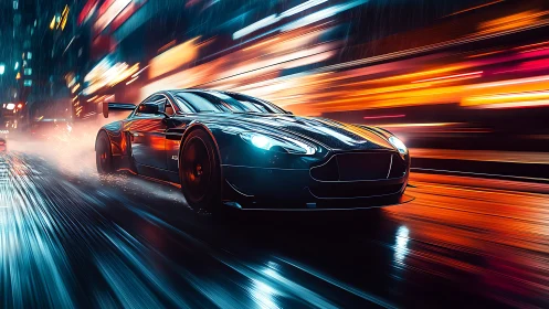 Sleek sports car racing through wet neon city streets.